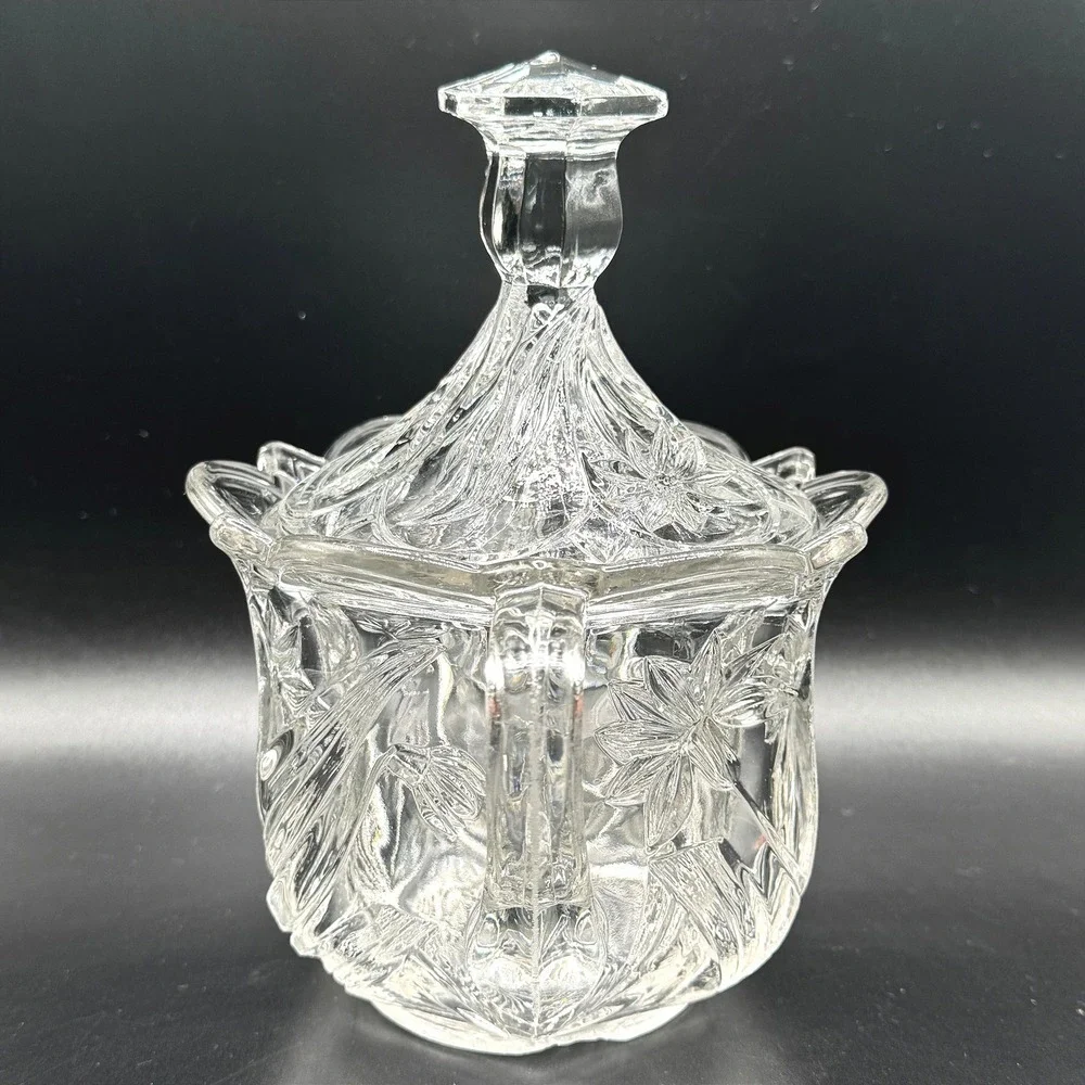 Vtg. Pressed Glass Sunflower Large Lidded Sugar Bowl Clear‎ Floral Double Handle